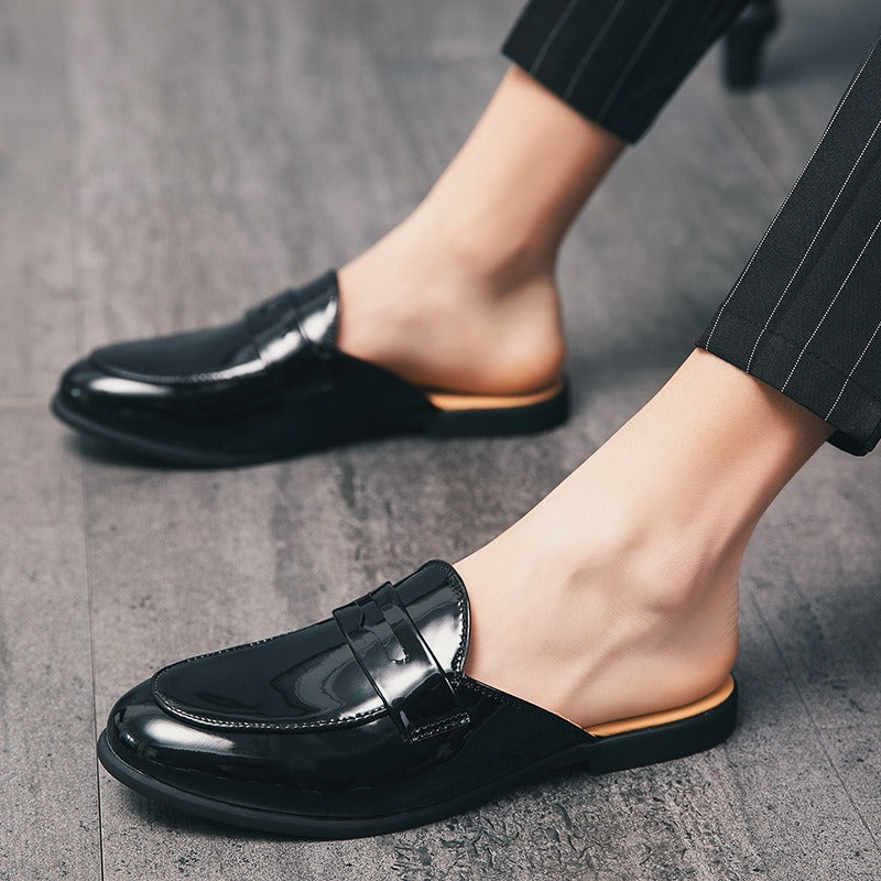 Half Shoes Men Mules Slippers Casual Shoes Men Fashion Social Patent Leather
