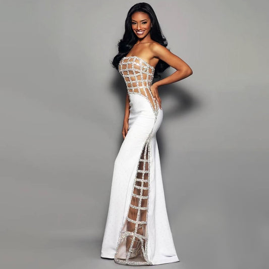 Mesh Tube Top Off Shoulder Sexy White Sequin Dress Design Slim Fit Mopping Evening Dress