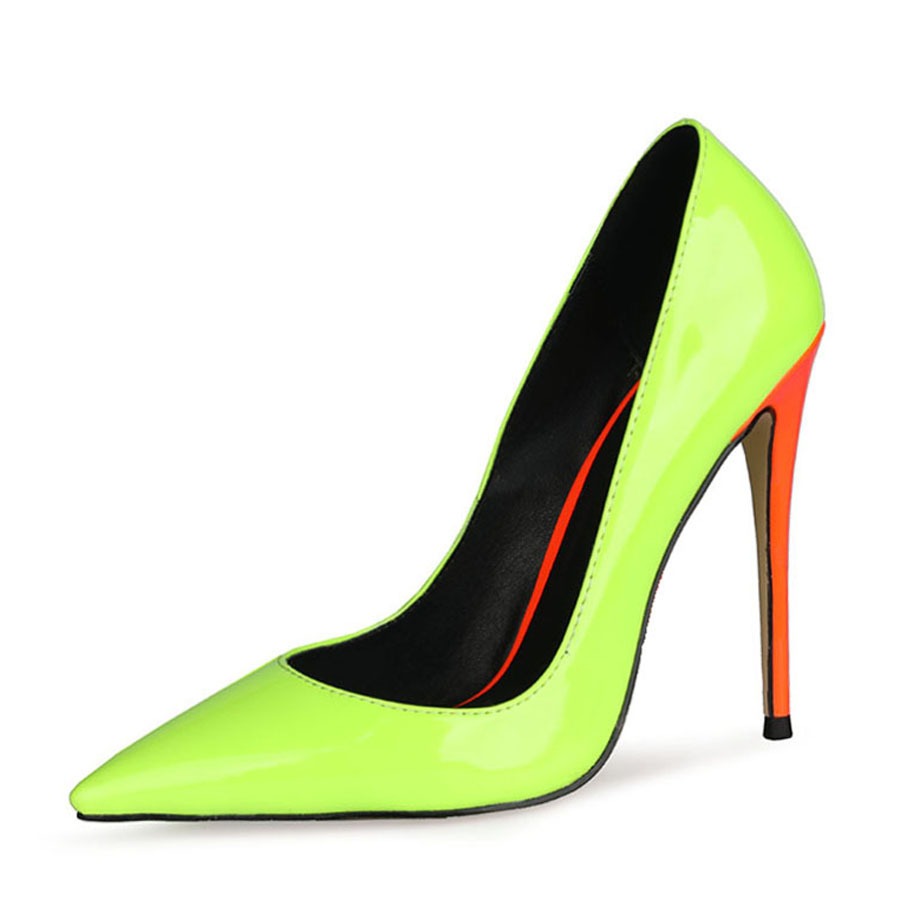 Thin Heeled High Heels, European and American Pointed Patent Leather Color Matching Light Cut Large Size Single Shoes