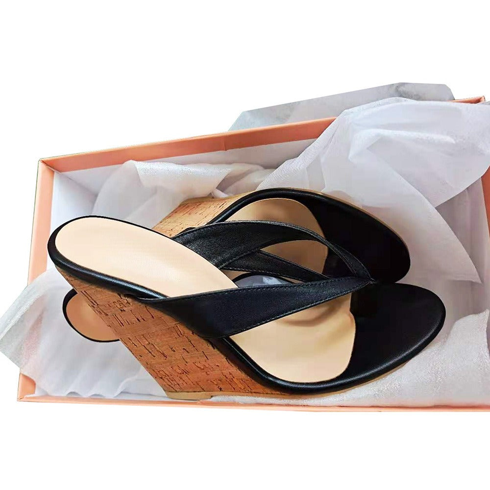 European and American Womens Oversized Wedged Sloping Heel Sandals With Wooden Grain Wrap Heels And Round Toe High Heels