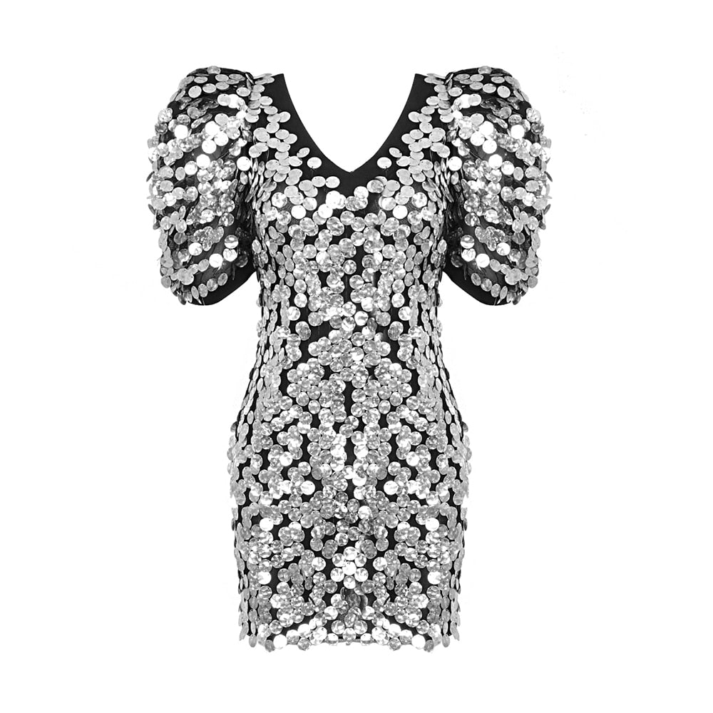 Sliver Sequins Mini Dress Women Short Sleeve V Neck Evening Celebrity Party Dress Summer  New Trendy