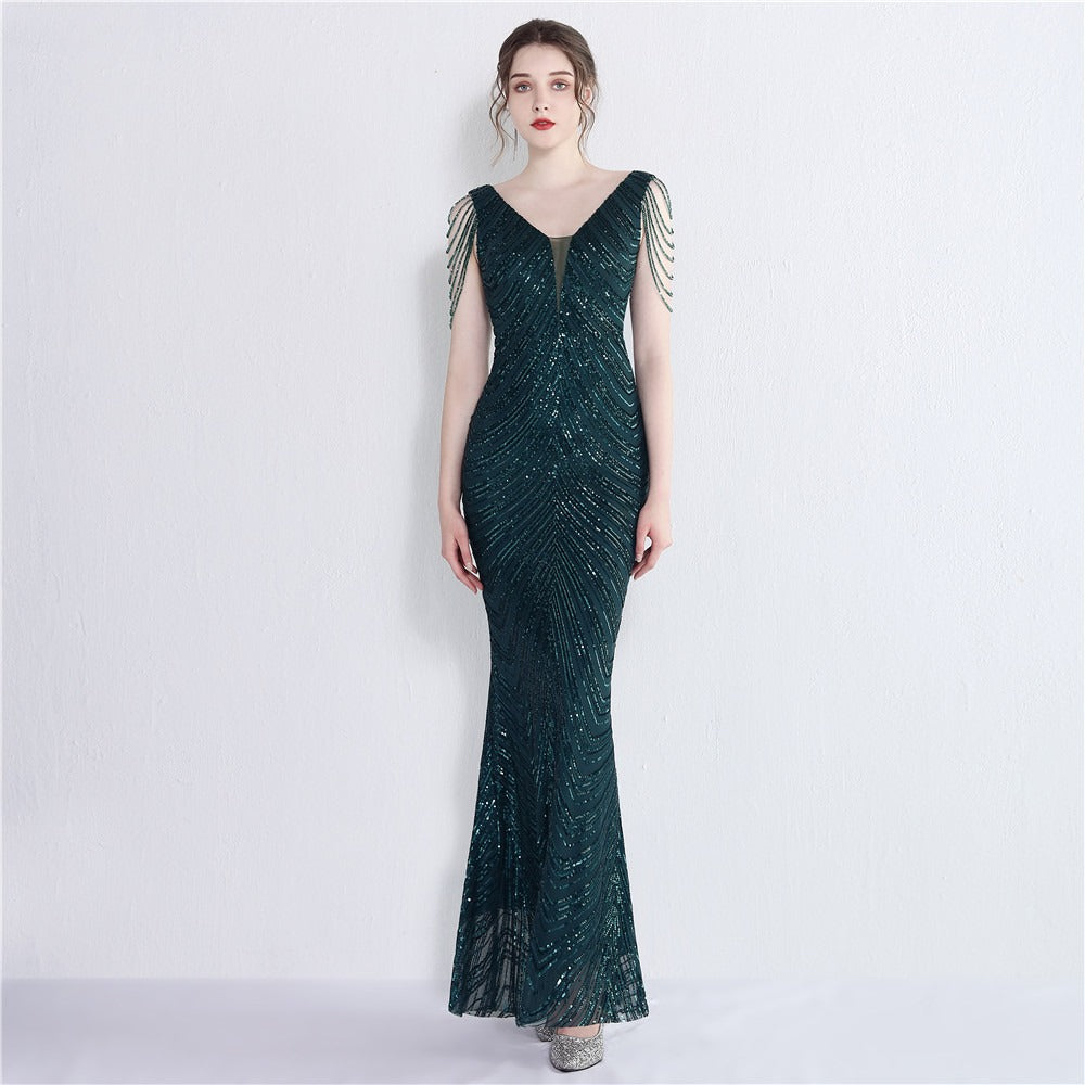 New sequin fishtail long dress performance event banquet car model etiquette evening dress