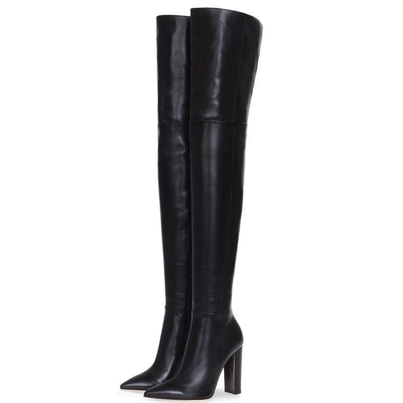 Soild Genuine Leather Women Boots Black Pointed Toe Round Heel Over The Knee Boots Side Zipper Autumn Winter Designer Shoes