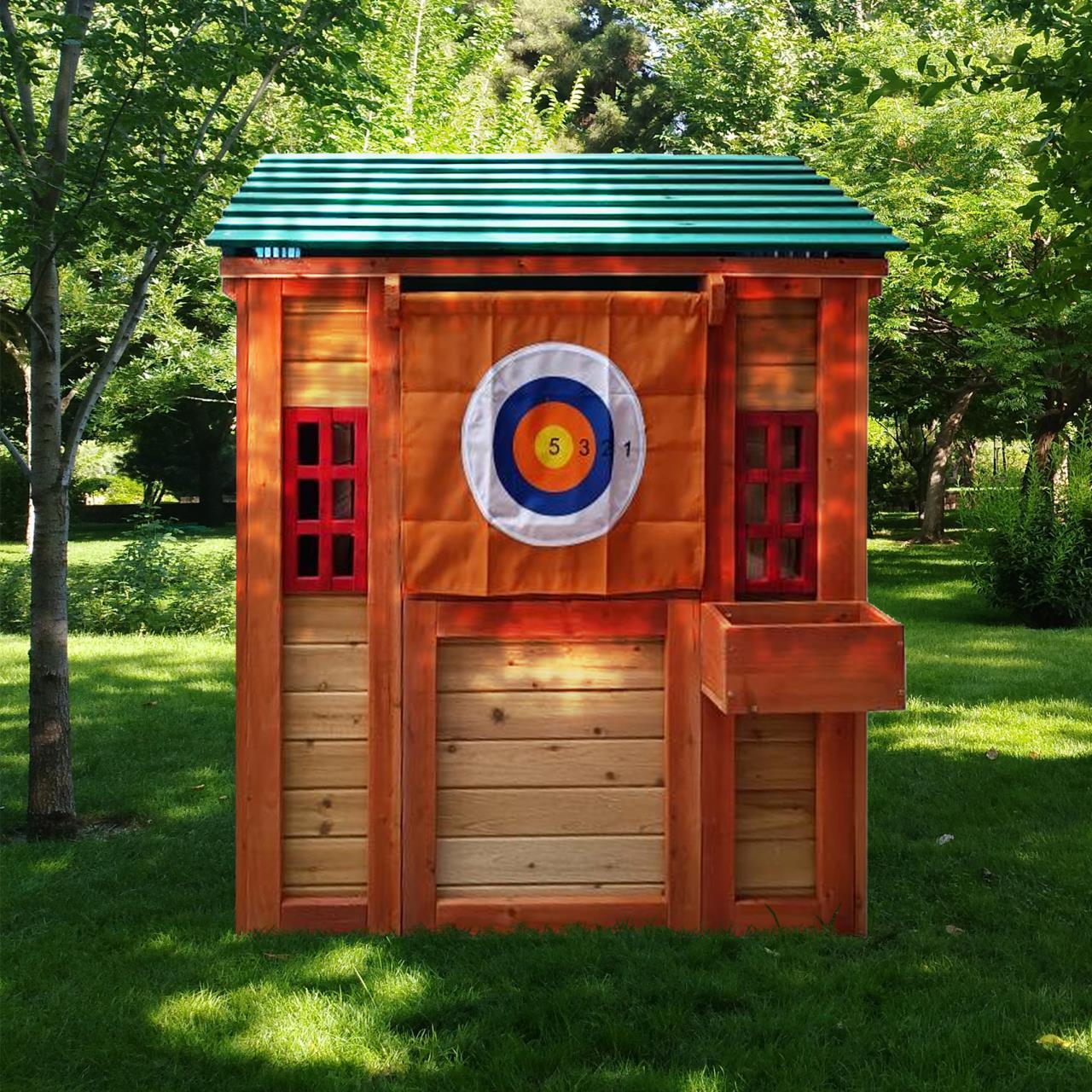 Eco-friendly Outdoor Wooden 4-in-1 Game House for kids garden playhouse with different games on every surface,Solid wood,61.4"Lx45.98"Wx64.17"H