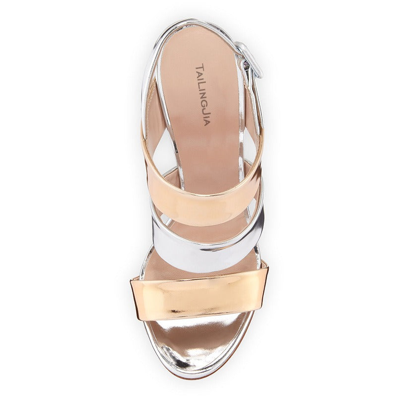 European and American Fashion Patent Leather Silver Gold Open Toed Open Heeled Sandals
