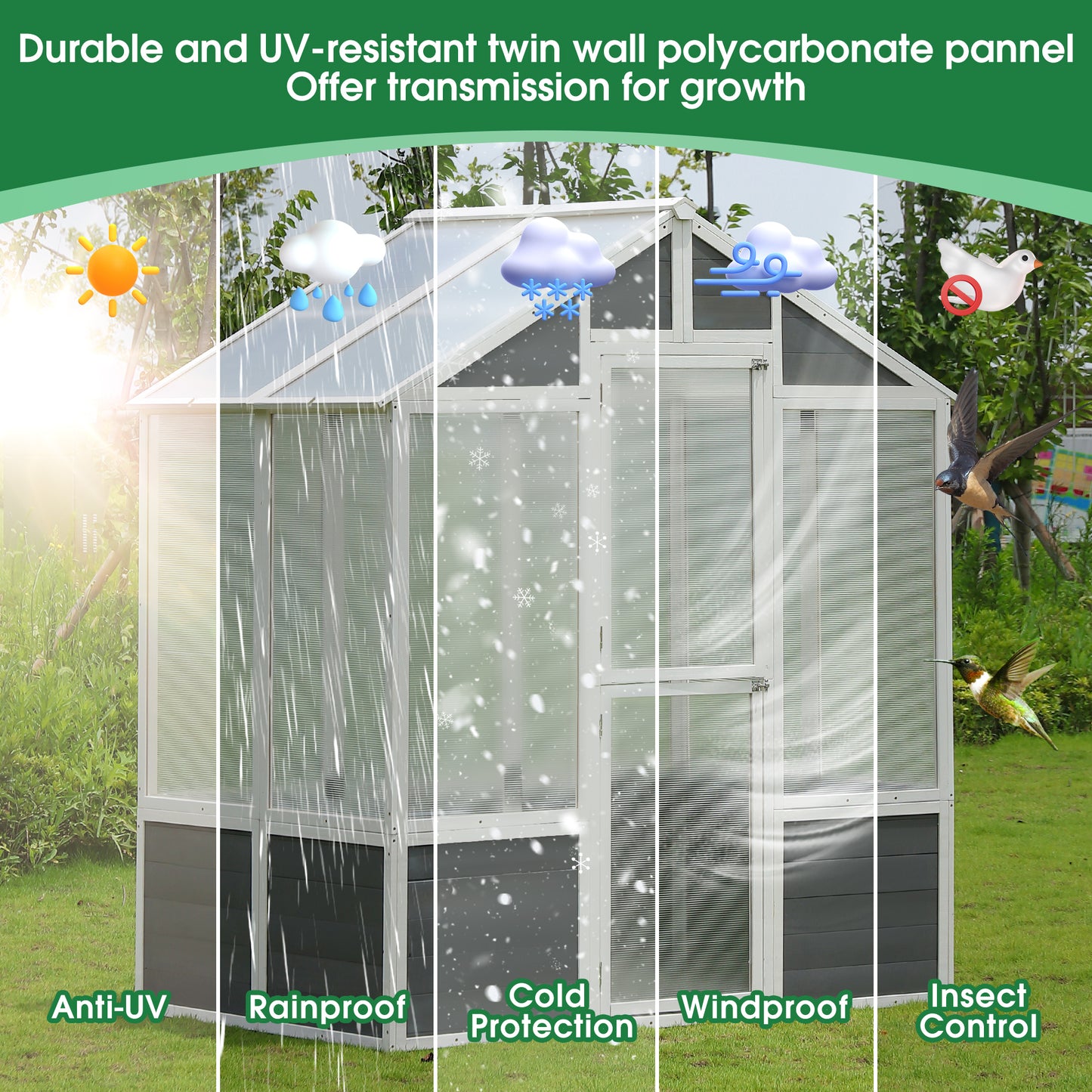 76''x48''x86'' Polycarbonate Greenhouse, Walk-in Outdoor Plant Gardening Greenhouse for Patio Backyard Lawn, Cold Frame Wooden Greenhouse Garden Shed for Plants, Grow House with Front Entry Door