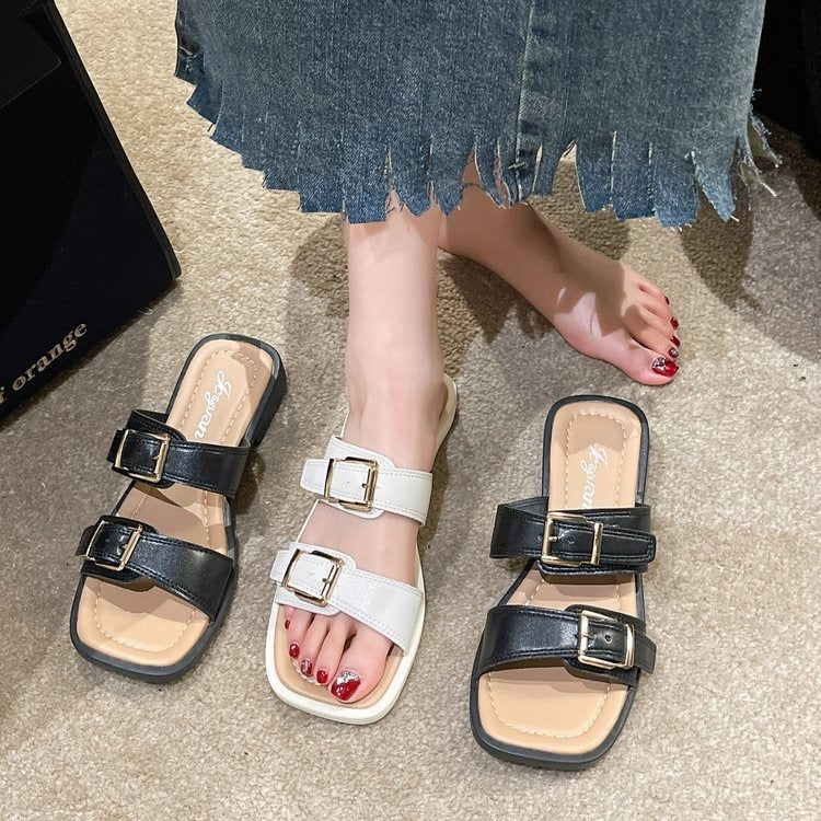Spring and Summer New Style One Step Push Button Square Head Soft Sole Comfortable Beach Square Heel Women's Slippers