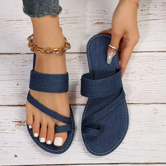 Denim Flat Bottom Slippers Women's Summer New Solid Color Round Head Pullover Toe Outwear Casual Large Size Slippers