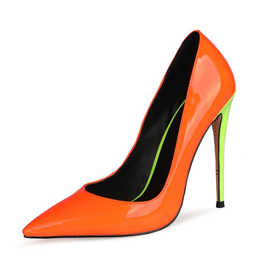 Thin Heeled High Heels, European and American Pointed Patent Leather Color Matching Light Cut Large Size Single Shoes