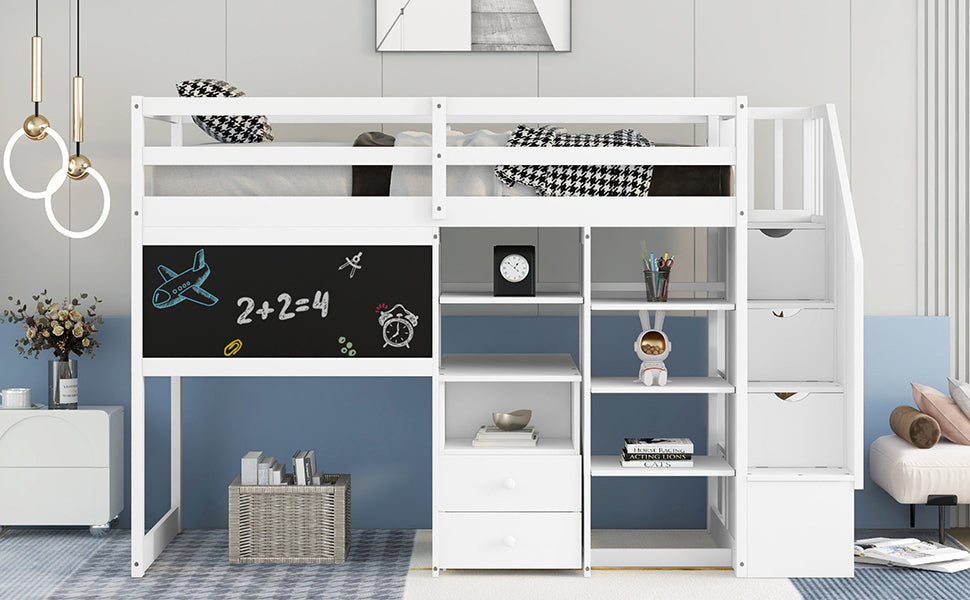 Twin Size Loft Bed with Pullable Desk and Storage Shelves,Staircase and Blackboard,White