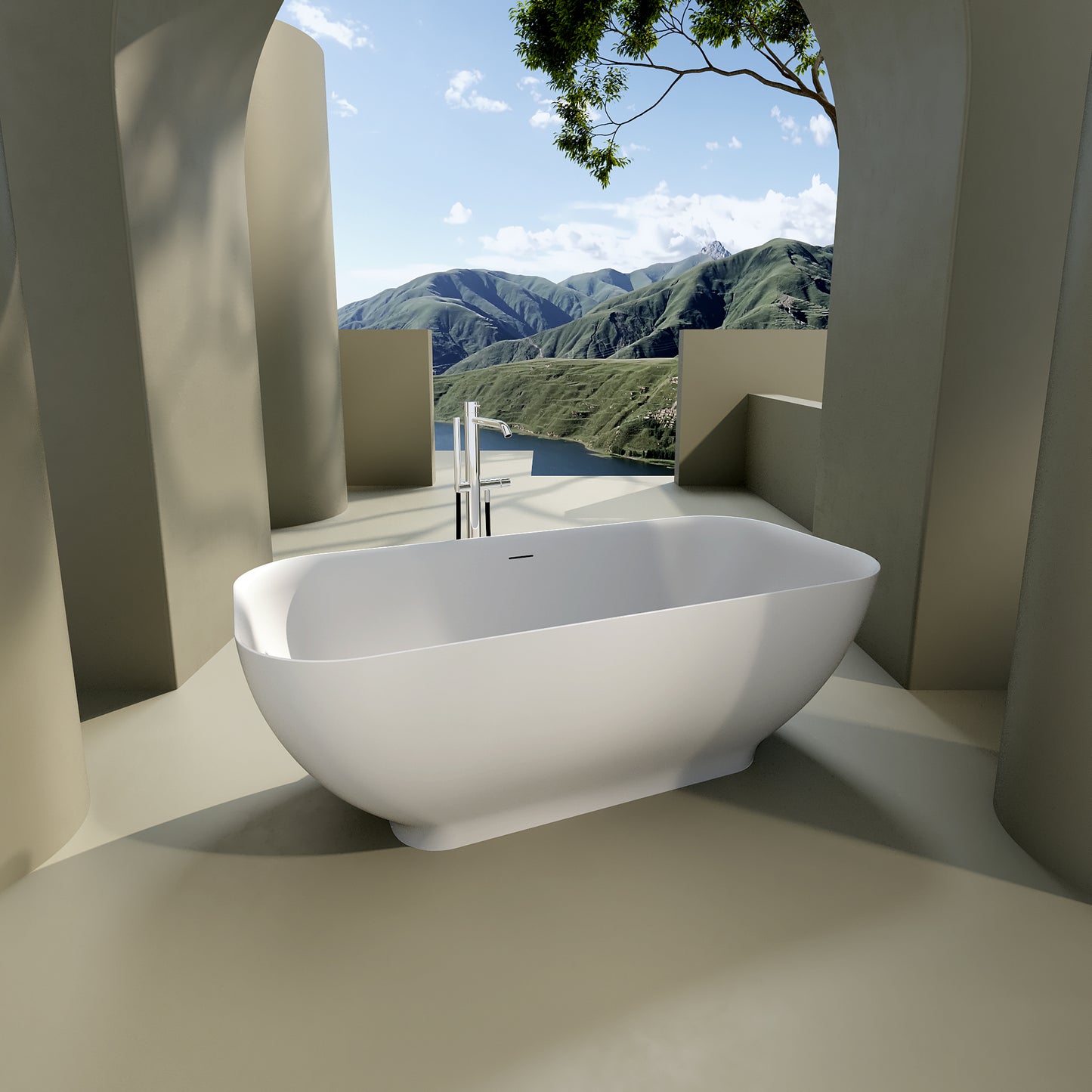 Luxury Solid Surface Freestanding Soaking Bathtub with Overflow and Drain in Matte White, cUPC Certified - 67*29.5 22S04-67