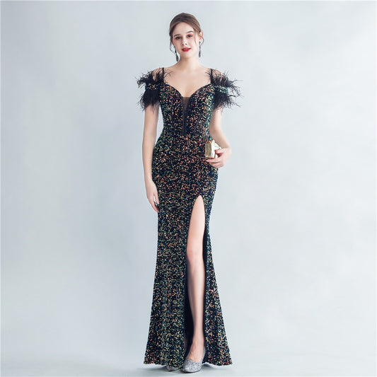Fishbone ostrich feather tied rope corset velvet bottom high density sequined mermaid evening dress