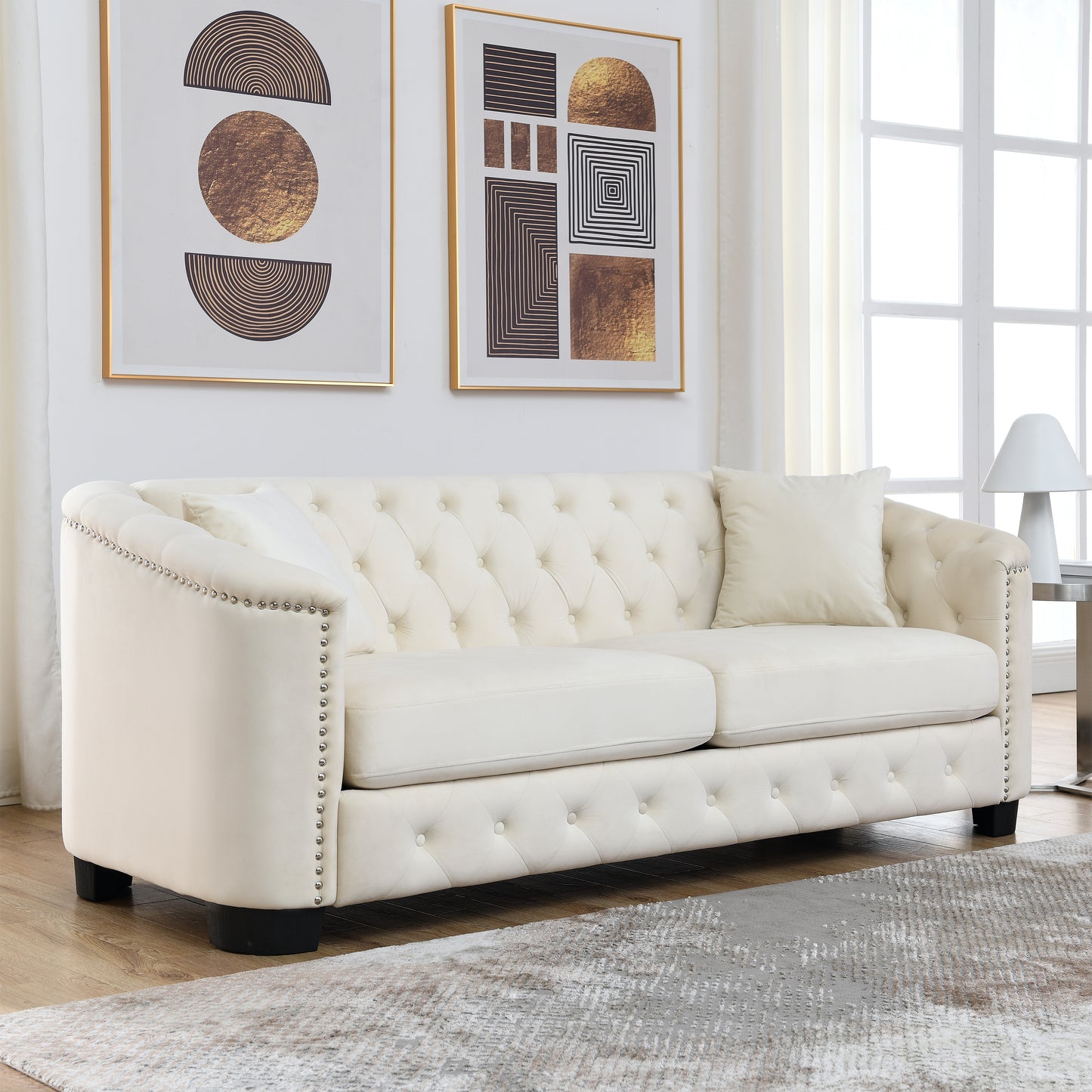 77-Inch Modern Chesterfield Velvet Sofa, 3-Seater Sofa, Upholstered Tufted Backrests with Nailhead Arms and 2 Cushions for Living Room, Bedroom, Apartment, Office (Beige)