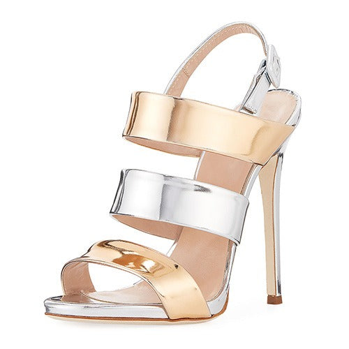 European and American Fashion Patent Leather Silver Gold Open Toed Open Heeled Sandals