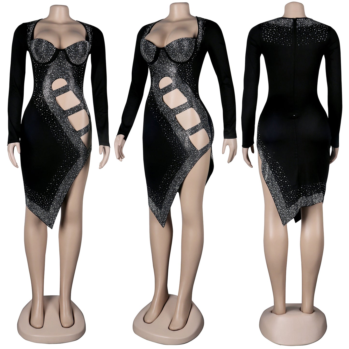 Diamond Studded Long Sleeved Dress Nightclub Clothes Sexy And Beautiful Reflecting The Figure Evening Dress