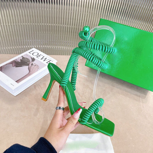 Green Phone cord Design High Heel Sandals Woman Square Open toe Stretch Ankle Winding Sexy paryt Shoes