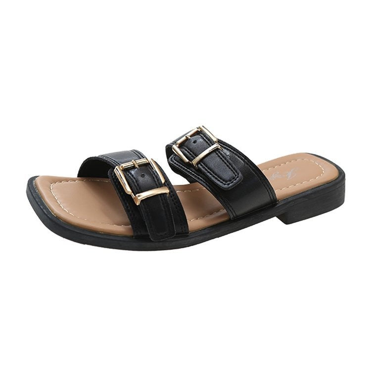 Spring and Summer New Style One Step Push Button Square Head Soft Sole Comfortable Beach Square Heel Women's Slippers