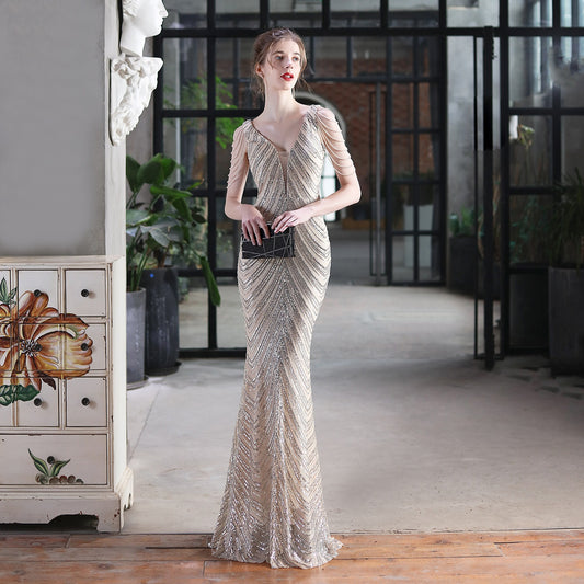 New sequin fishtail long dress performance event banquet car model etiquette evening dress