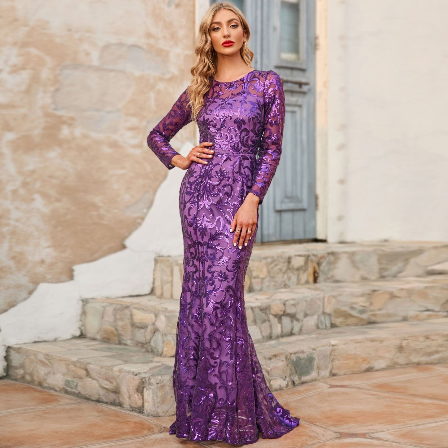 Spring and Autumn Sequined Dress Round Neck Elegant Long Evening Dress