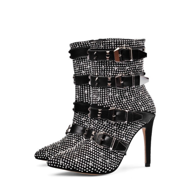 Fashion Crystal Stud Buckle Motorcycle Ankle Boots Womens Pointed Toe Strange Heels Short Booties Ladies High Heels Party Shoes