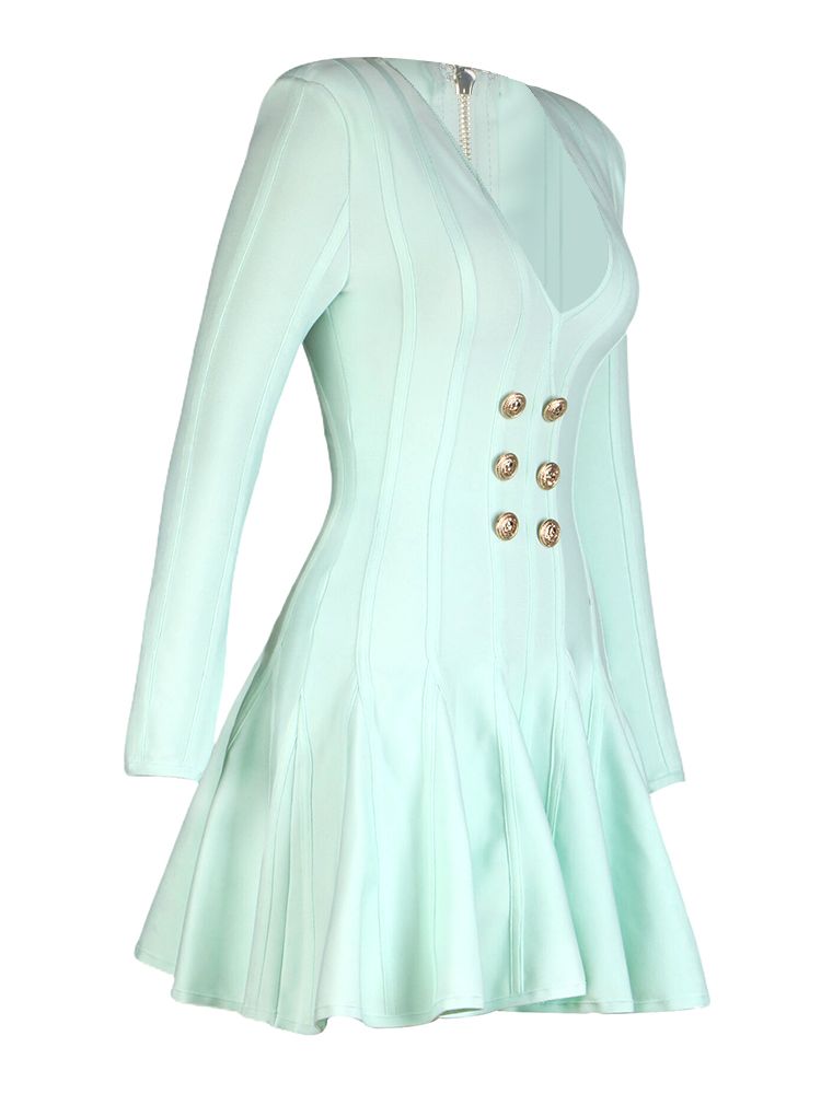 Women's V-neck Bandage Dress A-line Sexy Long Sleeve Button Club Celebrity Elegant Evening Mini Party Dress