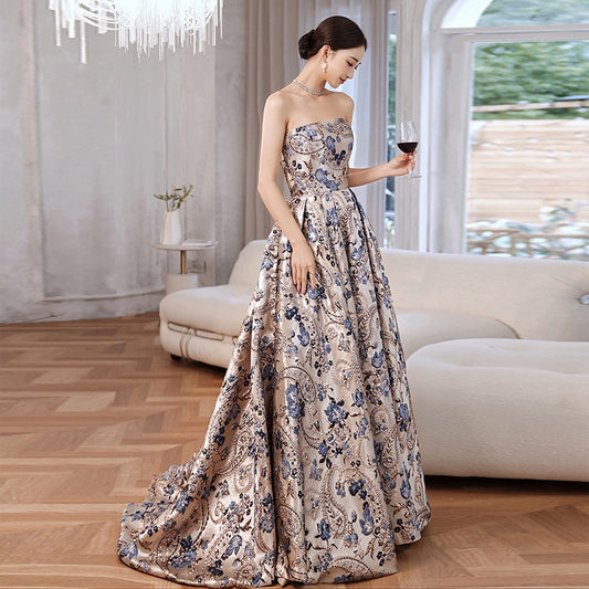 Jacquard Printed Satin With Train Princess Sleeveless Strapless A Line Long Celebrity Prom Ball Gowns