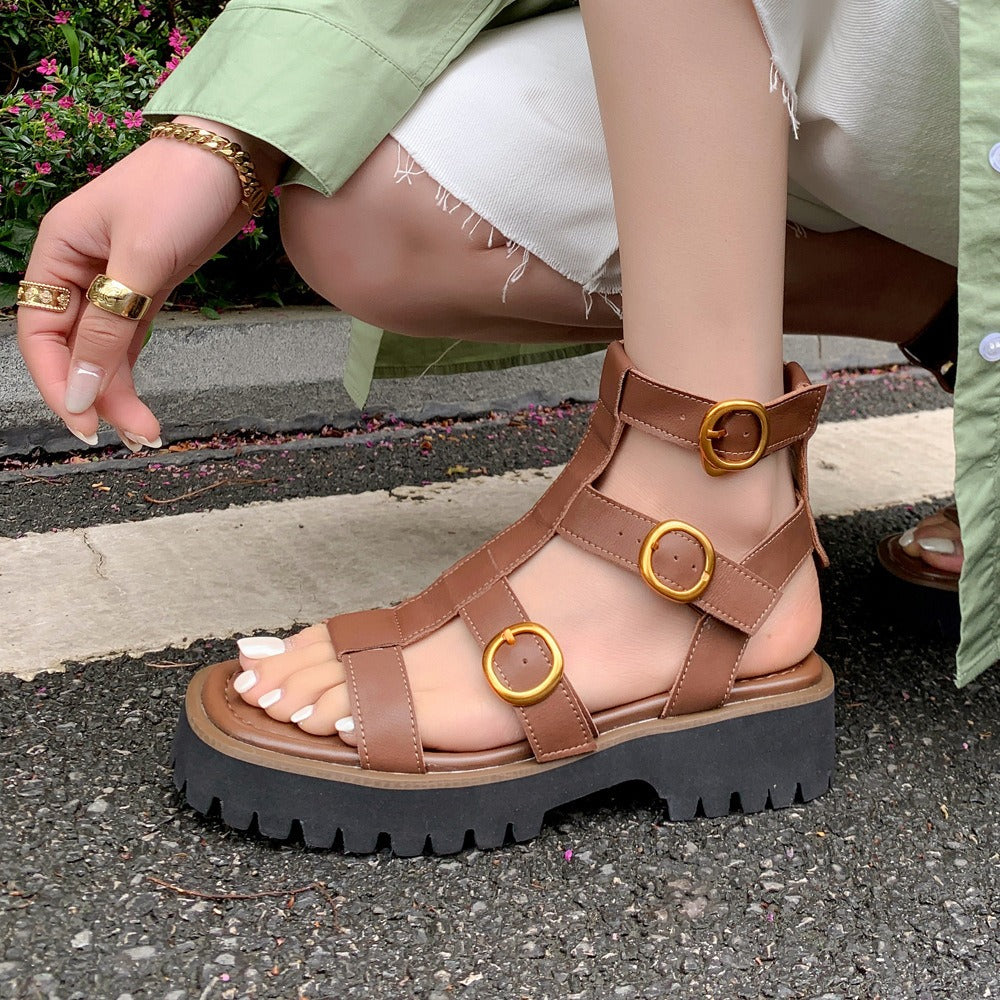 thick heels shoes woman platform sandals female buckle summer dress shoes real leather ankle boots ladies roman beach sandals