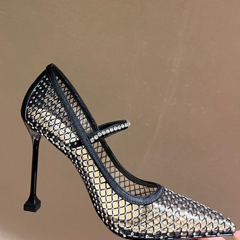 Spring and Summer New Pointed Super High Heels Water Diamond Mesh Single Shoes Women's Thin Heels Shallow Mouth Mary Jane Single Shoes