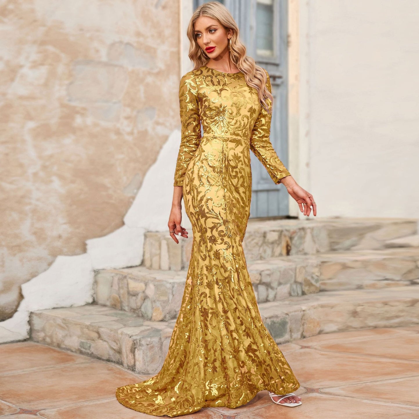 Spring and Autumn Sequined Dress Round Neck Elegant Long Evening Dress