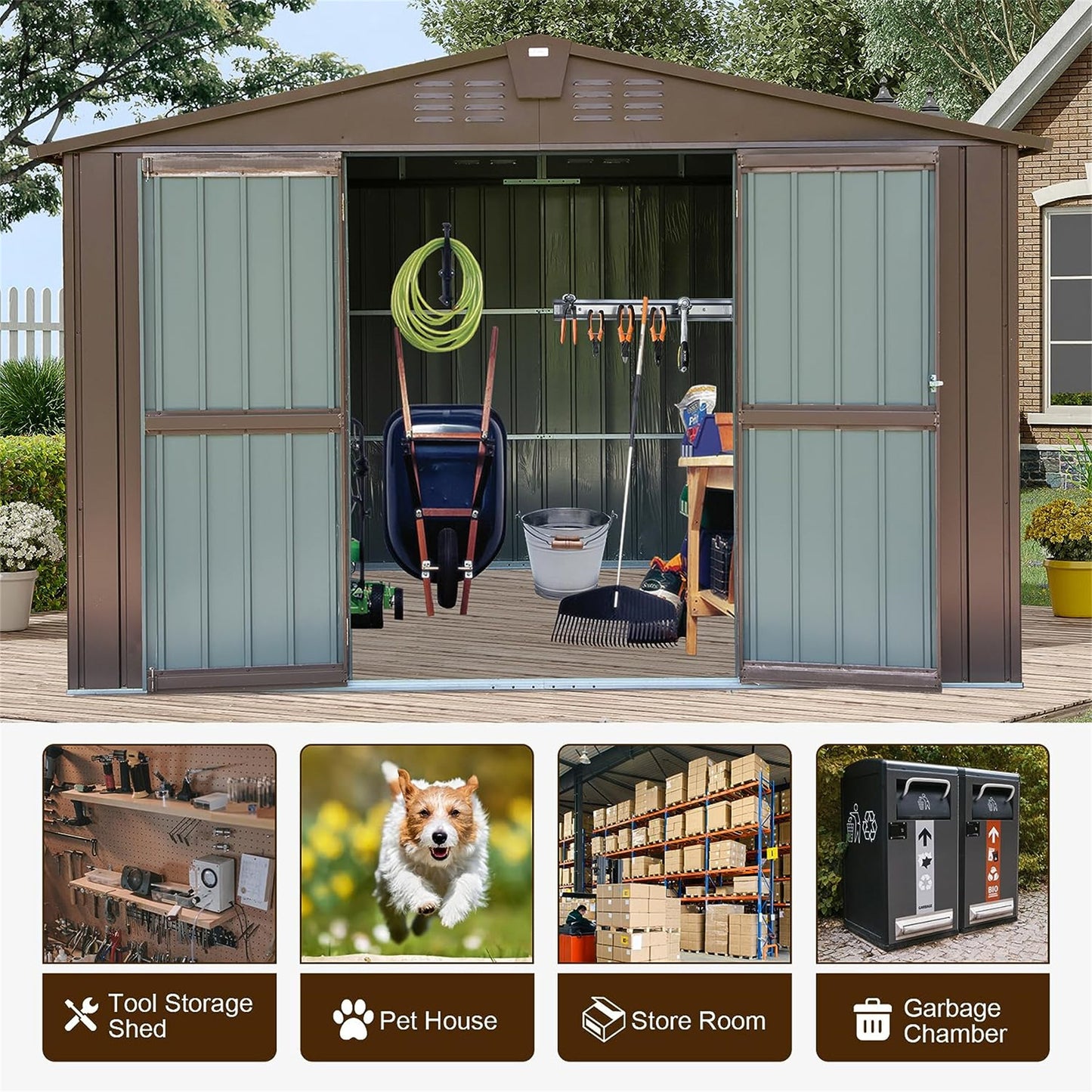 Outdoor Storage Shed 10'x8', Metal Tool Sheds Storage House with Lockable Double Door,Large Bike Shed Waterproof for Garden,Backyard,Lawn(Brown)
