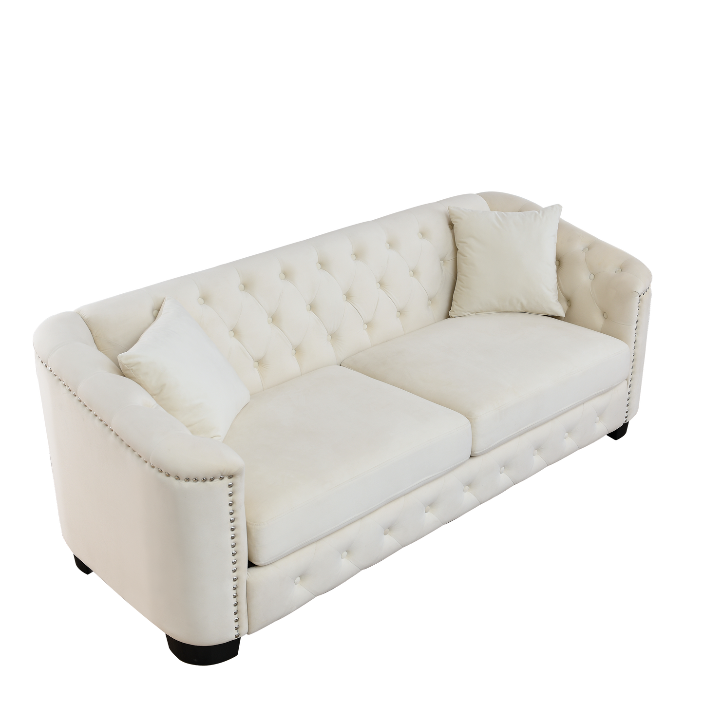 77-Inch Modern Chesterfield Velvet Sofa, 3-Seater Sofa, Upholstered Tufted Backrests with Nailhead Arms and 2 Cushions for Living Room, Bedroom, Apartment, Office (Beige)
