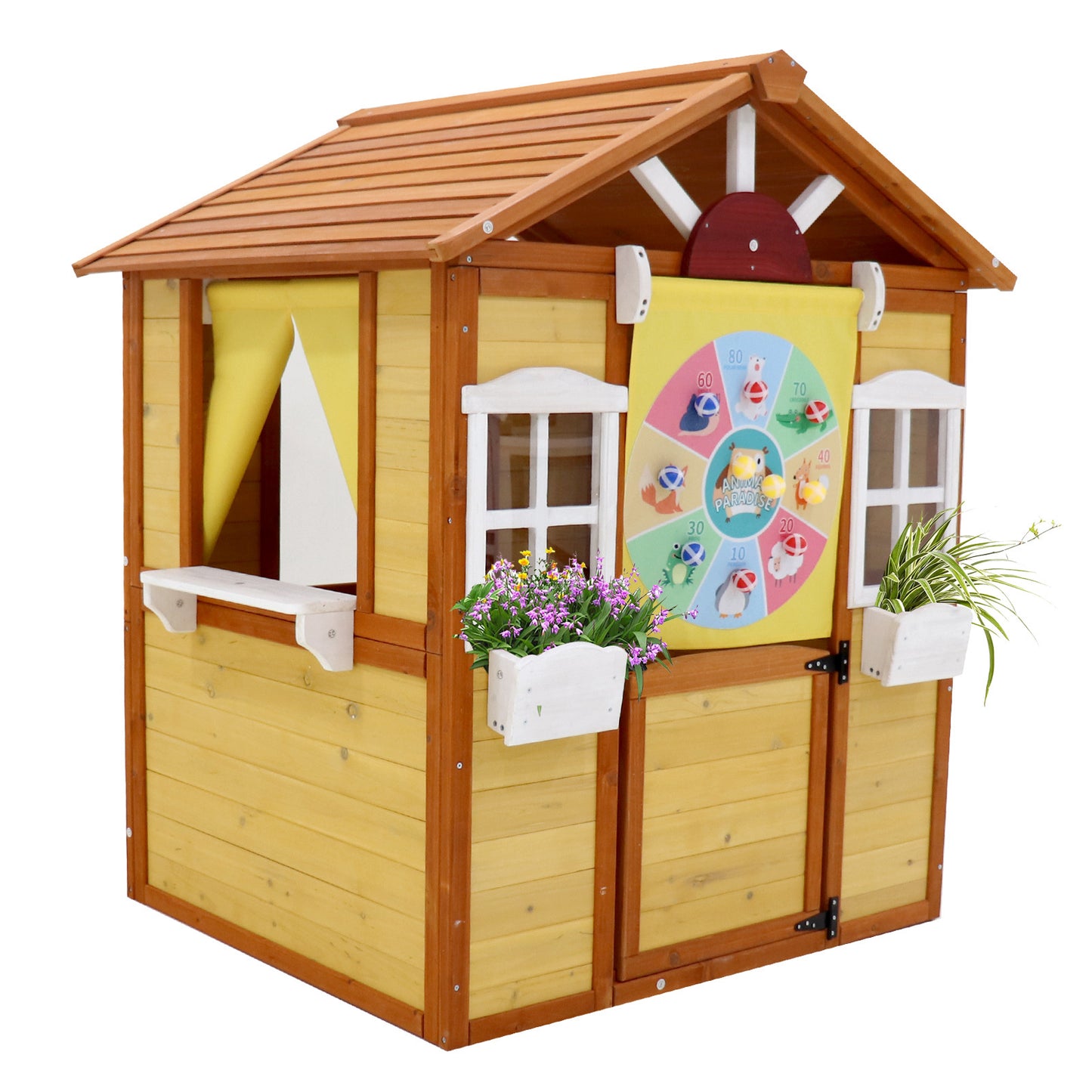 Outdoor Playhouse for Kids Wooden Cottage with Working Doors Windows Pretend Play House for Age 3-8 Years