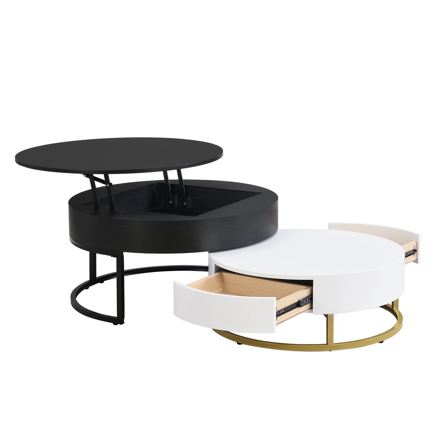 Modern Round Lift-top Nesting Coffee Tables with 2 Drawers White & Black