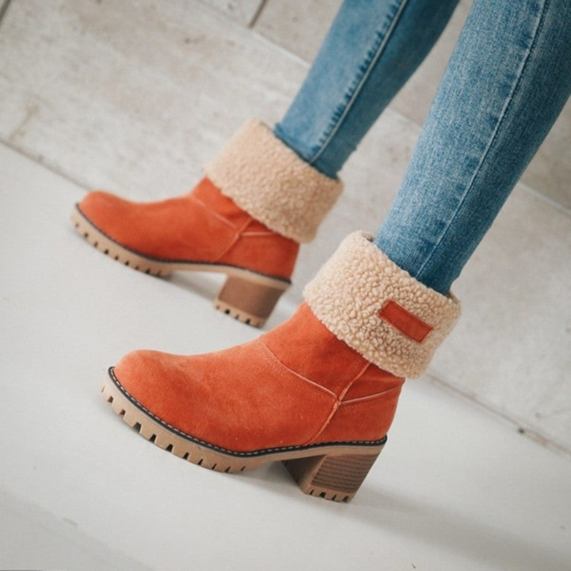 New Women Boots Winter Outdoor Keep Warm Fur Boots Waterproof Women's Snow Boots Thick Heel With Round Head Short Boot - TRIPLE AAA Fashion Collection