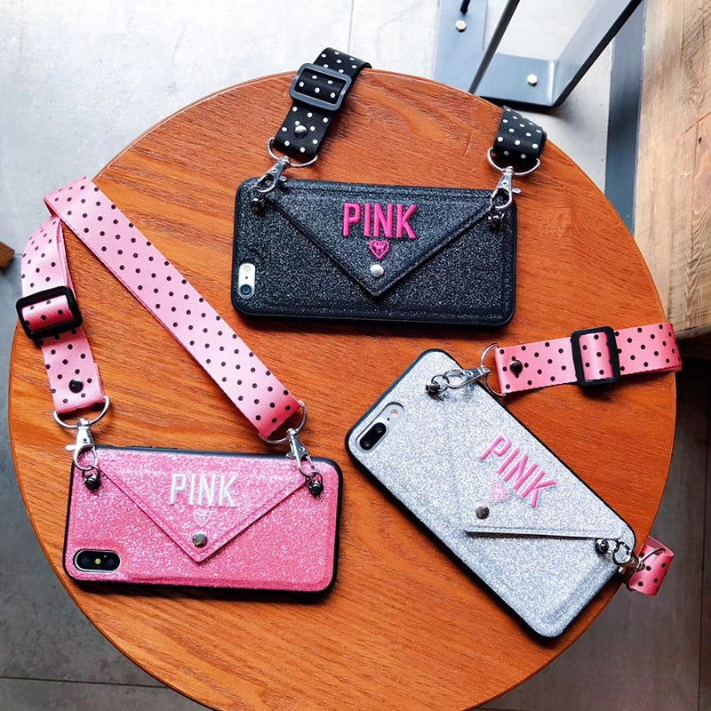 Luxury PINK Glitter Embroidery Leather Case for iPhone 7 7Plus Fashion Wave Point Lanyard Case For iphone XS Max X 8 6 6s Plus - TRIPLE AAA Fashion Collection