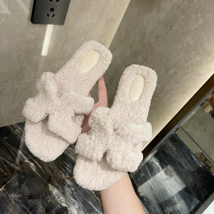 Teddy Wool Slippers Female Autumn And Winter New Square Head Thick Wool One Casual Comfortable Flat Bottom Slippers