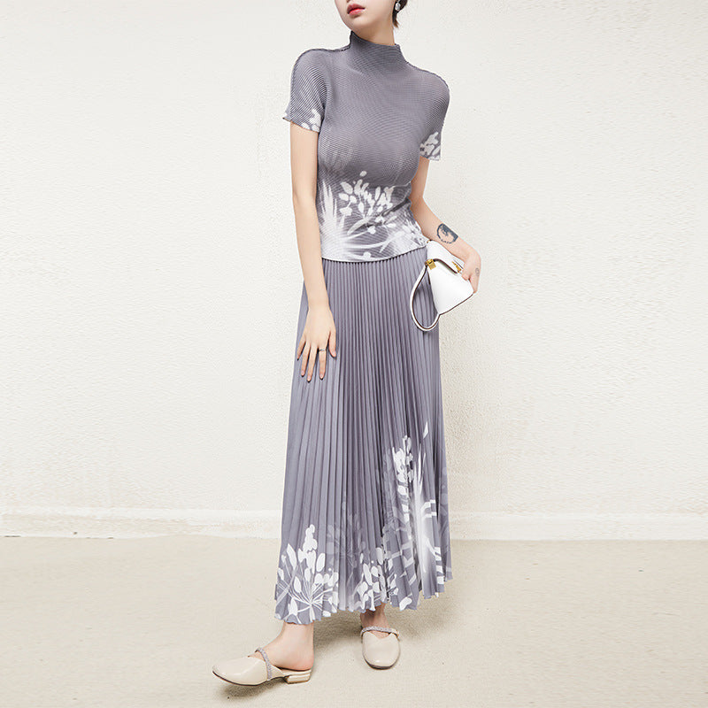 New Pleated Top Printed Skirt Fashion Two-Piece Set