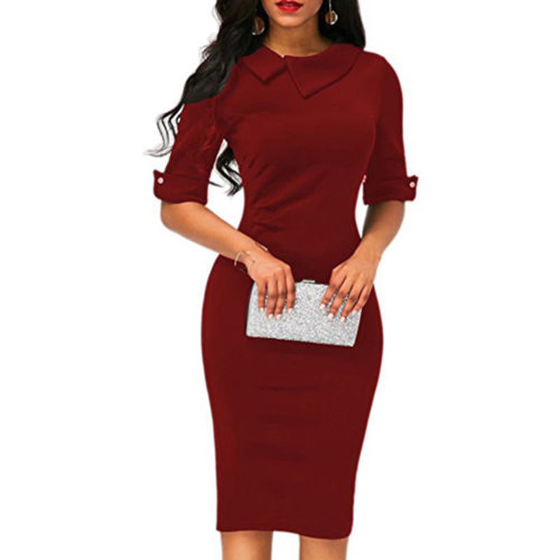 New ladies lapel straight dress autumn short-sleeved knee-length dress dark blue red party dress vestidos - TRIPLE AAA Fashion Collection