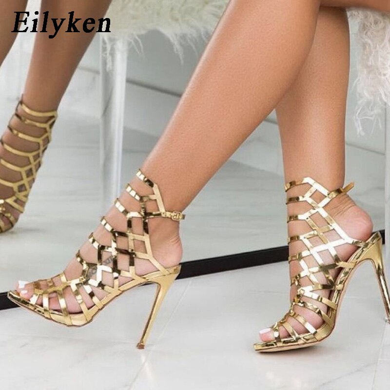 New Sexy Golden Gladiator Sandals Thin Heels Buckle Strap Wedding Pumps Platform Sandals - TRIPLE AAA Fashion Collection
