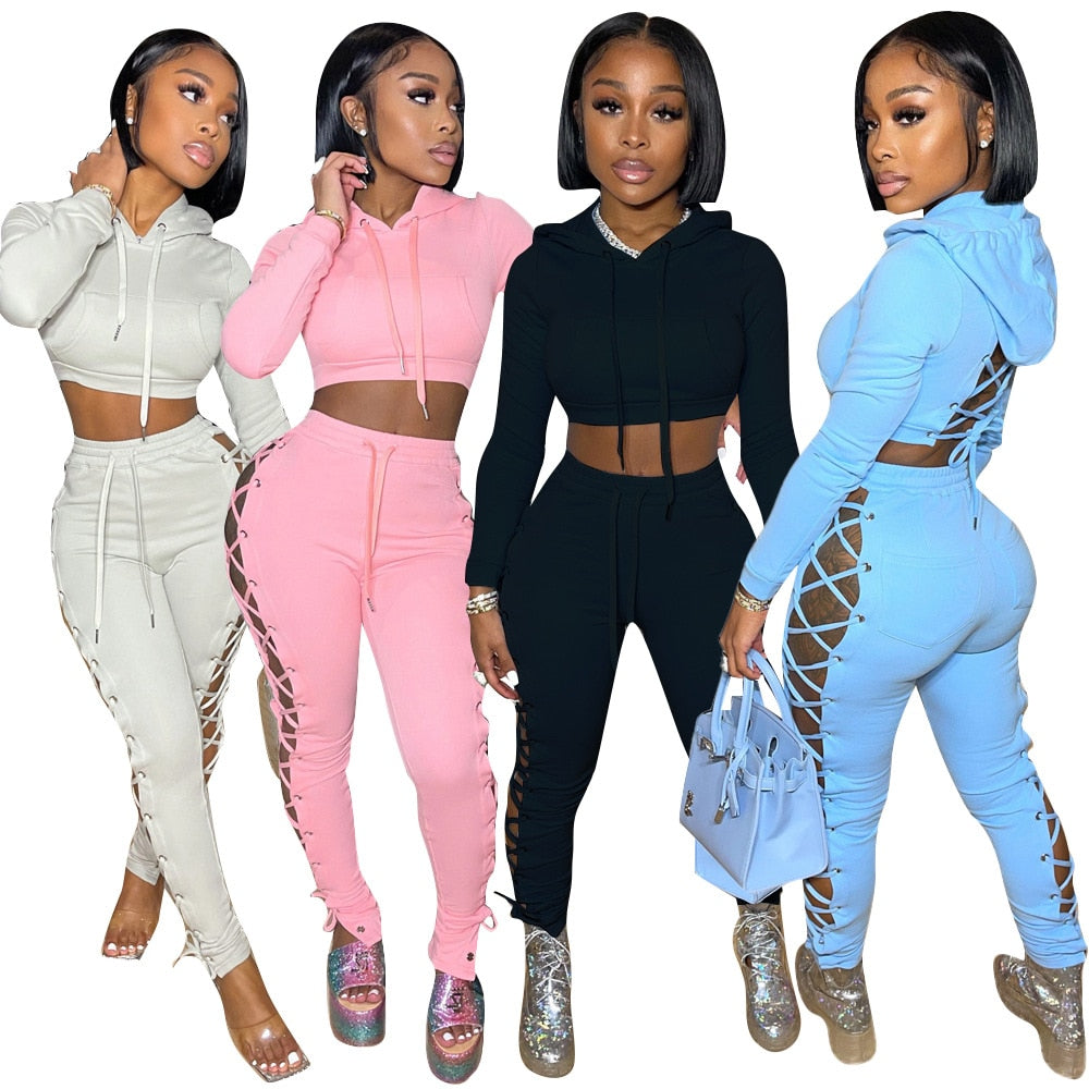 Autumn Women Tracksuit Two Piece Set Backless Hollow Out Bandage Solid Color Party Night Clubwear Sportsuit Clothes For Women