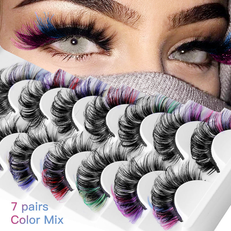 7 Pairs Of Colorful Fried Eyelashes Multi-Layer Thick Cross Mink Hair Imitation D Color Mix 7