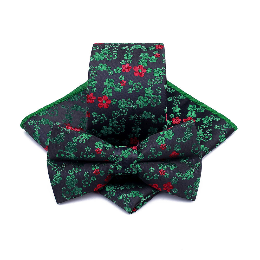Polyester Tie Men's Jacquard Cashew Flower Floral Bow Tie Pocket Square Three Piece Suit Accessories