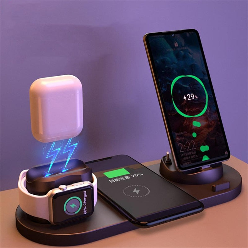 6 in 1 Wireless Charger Dock Station for iPhone/Android/Type-C USB Phones 10W Qi Fast Charging - TRIPLE AAA Fashion Collection