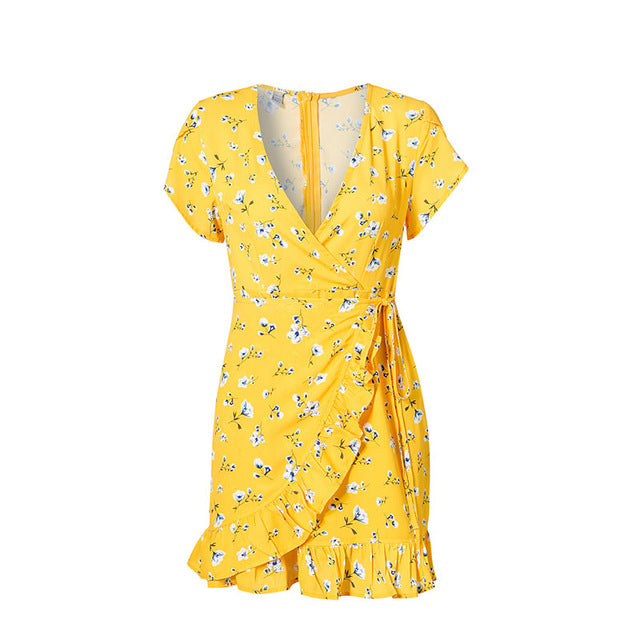 Sexy Wrap V Neck Floral Print Yellow Women Mini Dresses 2018 Summer Party Beach Ruffles Boho Dress - TRIPLE AAA Fashion Collection