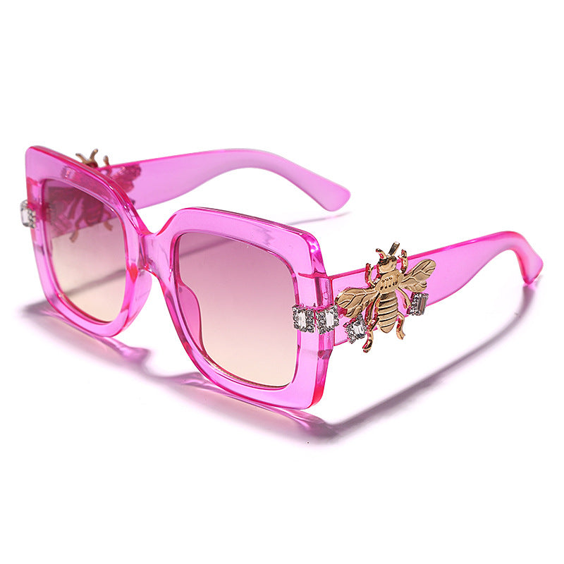 Fashion Trend Big Frame Square Handmade Diamond Bee Sunglasses Retro Three-Color Catwalk Sunglasses