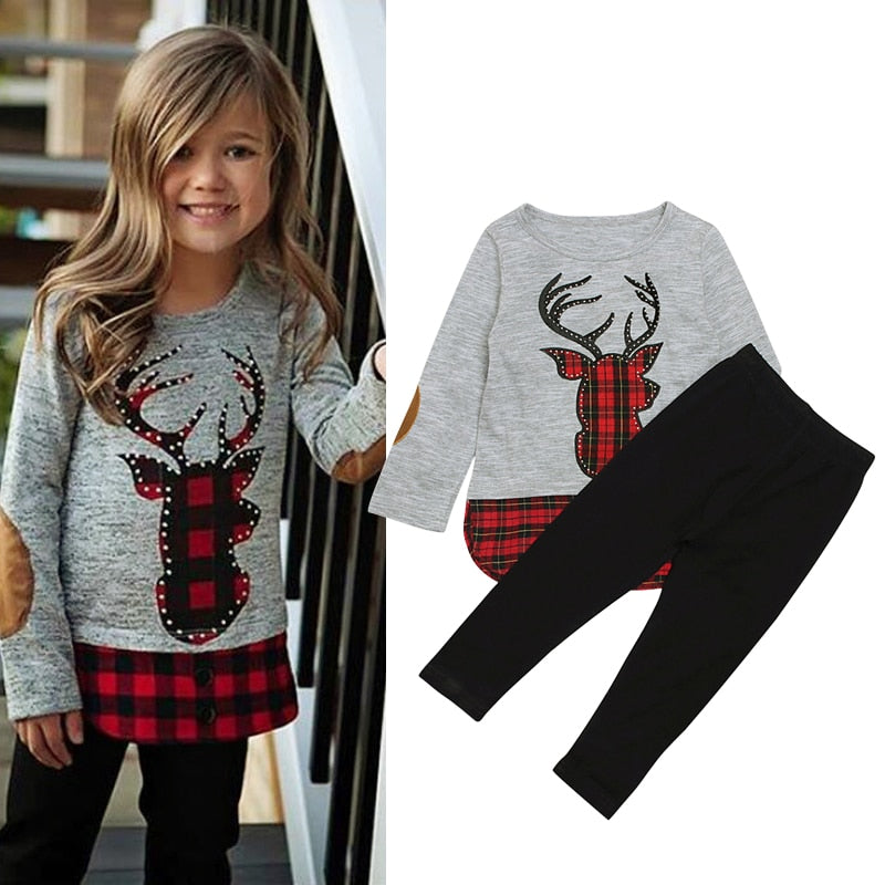 Autumn and Winter Girls Clothes Deer Printed T-shirts+Long Pants 2Pcs Christmas Outfits Kids Clothes Suit For Girls - TRIPLE AAA Fashion Collection