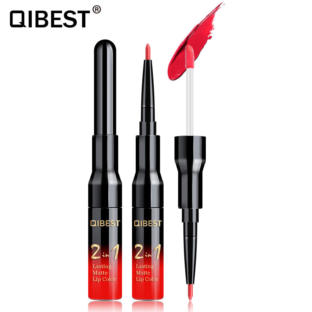 QIBEST2 In 1 Lip Gloss + Lip Pencil Matte Non Stick Liquid Lipstick Double Head Lip Gloss Pen