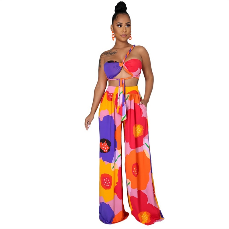 Dashiki Women African Clothes for Women Floral Printing Long Dress New Casual Elegant Tube Top Pants V-Neck Women's 2-Piece Su - TRIPLE AAA Fashion Collection