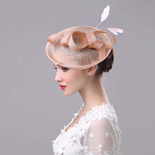 Summer Outdoor Ladies Hat Western-Style Linen Banquet Bridal Hat Bow Feather Headdress