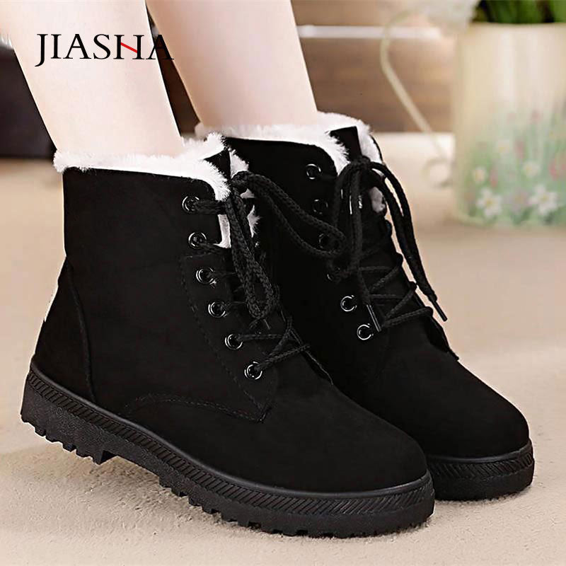 Snow boots 2019 warm fur plush Insole women winter boots square heels flock ankle boots women shoes lace-up winter shoes woman - TRIPLE AAA Fashion Collection